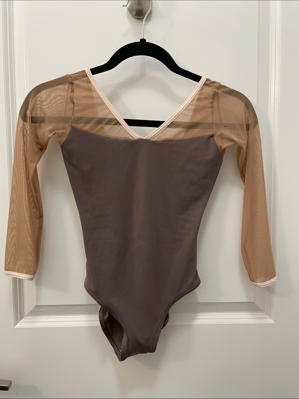 Yumiko brown and nude long-sleeve mesh leotard